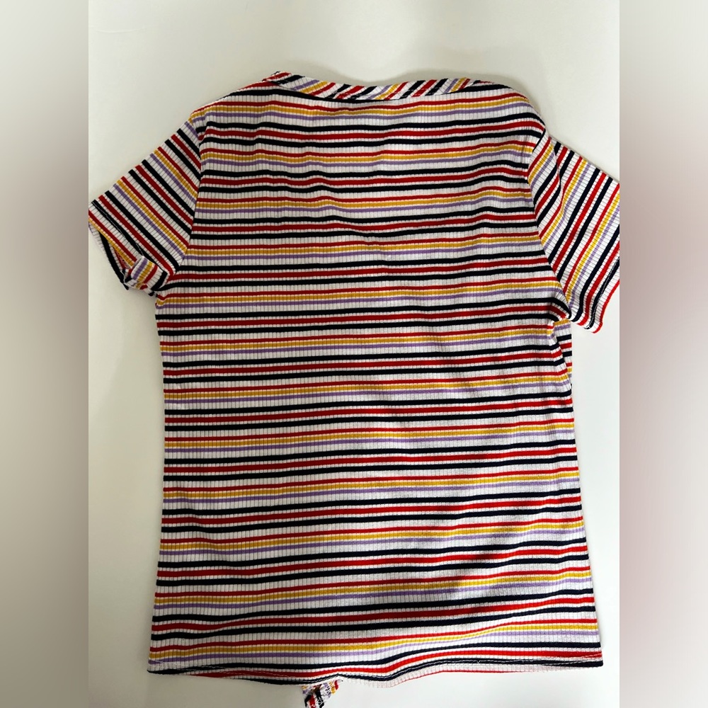 Polly & Esther Tie up Scoop Neck Striped White, Red, Yellow, Black Purple Shirt